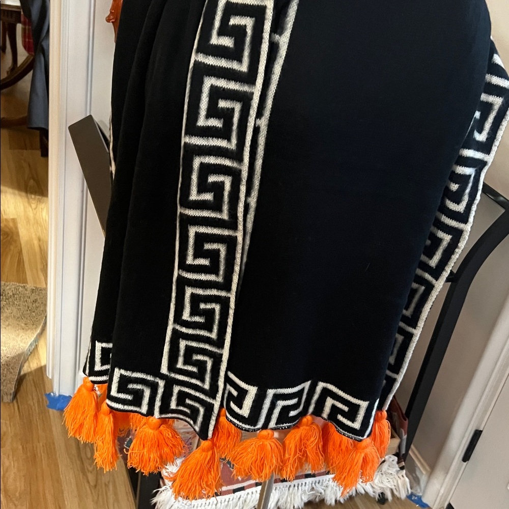 Long Black and White Scarf / Table Runner  with Orange Tassels - Picture 5 of 6